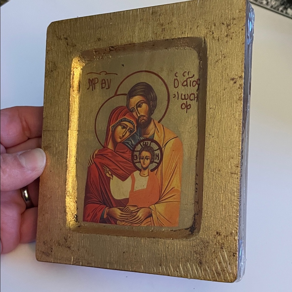 Gold Framed Religious Icon with Red and Cream Figures - Picture 2 of 10